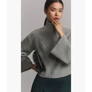 Maeve Light Gray Ribbed Katey Mock Neck Sweater Bell Sleeve